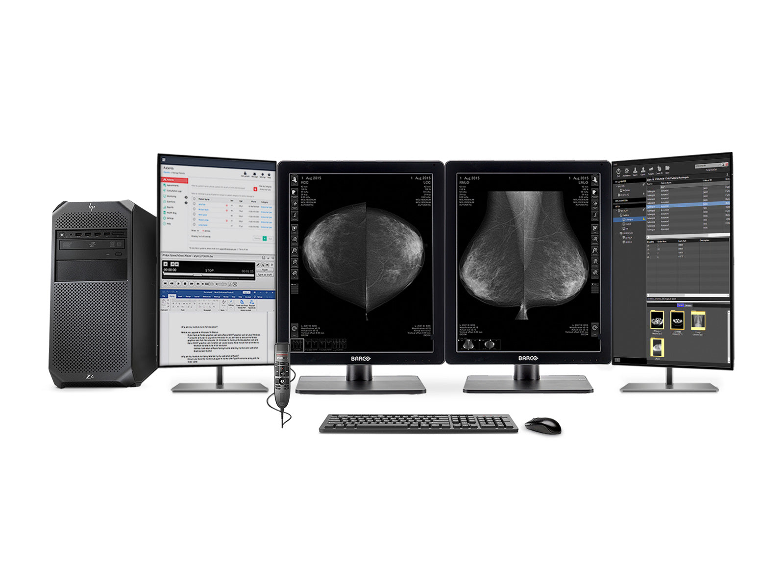 Station de lecture de mammographie complète | Barco MDNG-5221 5MP Moniteurs LED en niveaux de gris | HP Passe de travail | DICTATION MIC | Worklist Monitor (5221Z4R)