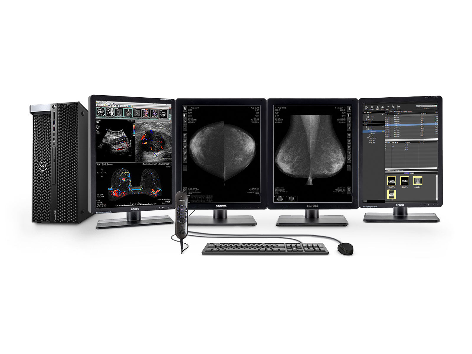 Station complète de lecture de mammographie | Barco Moniteur LED en niveaux de gris 5MP | Poste de travail Dell | Micro de dictée | Moniteurs de liste de travail (5221Z6R)
