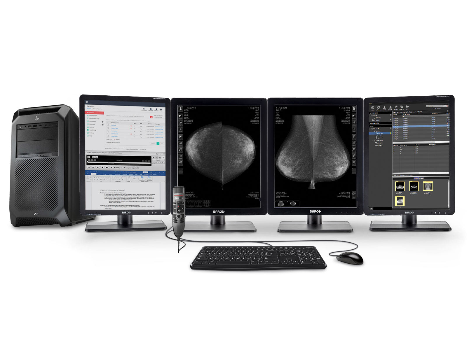 Estación completa de lectura de mamografía | Barco Monitor LED en escala de grises de 5MP | Estación de trabajo HP | Micrófono de dictado | Monitores de lista de trabajo (5221Z8N)