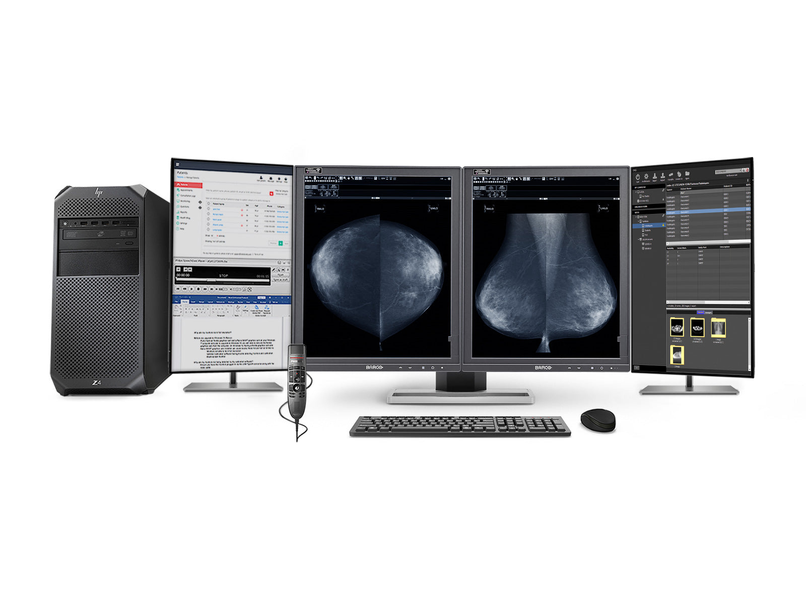 Komplette Mammographie -Lesestation | Barco MDMG-5221 5MP Graustufen -LED -Monitore | HP Workstation | Diktatmikrofon | Arbeitsliste Monitore (5221Z42221)