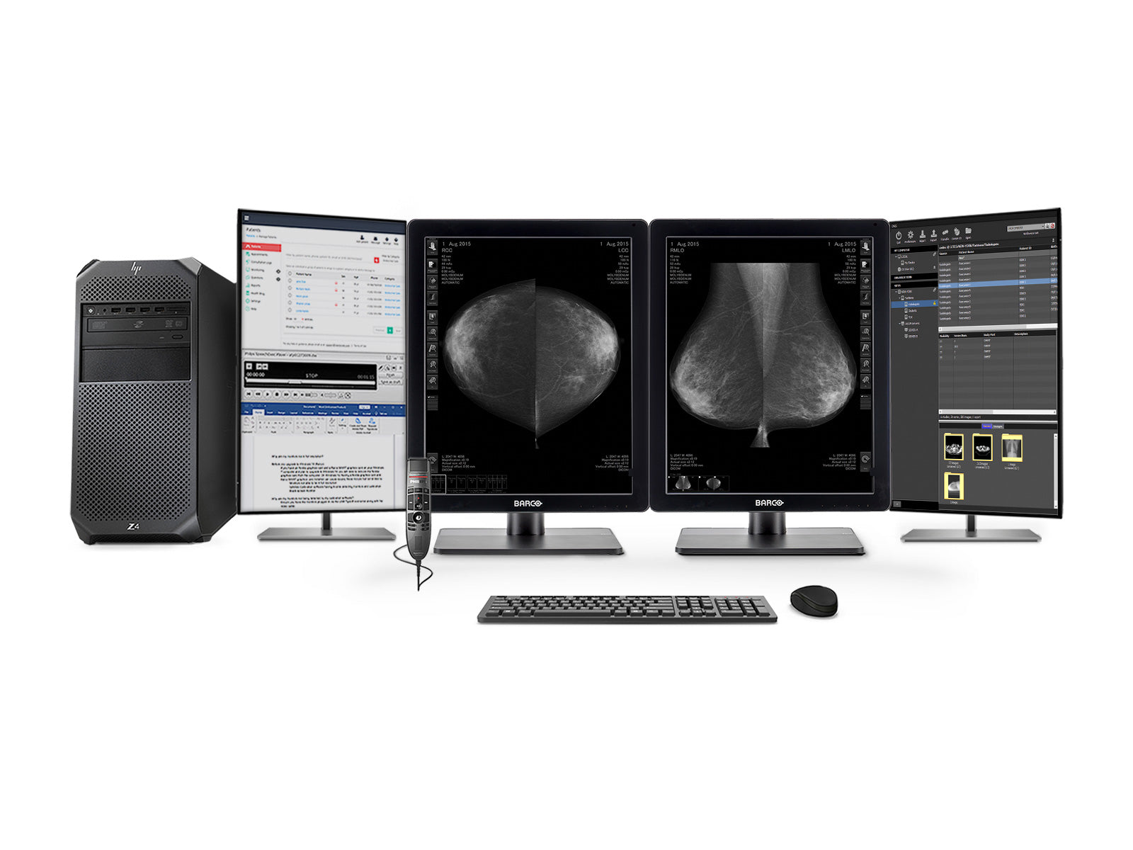 Komplette Mammographie -Lesestation | Barco Mdng-5221 5MP Graustufen -LED -Monitore | HP Workstation | Diktatmikrofon | Arbeitsliste Monitore (QNG5221Z4R)